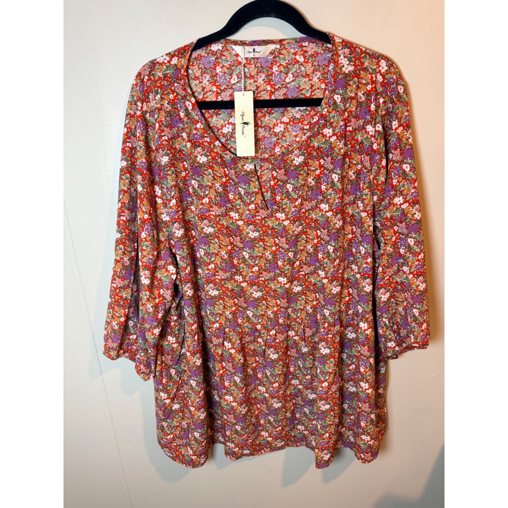 Agnes Orinda Women 3X Red Floral Babydoll Blouse 3/4 Sleeve Notched Neck Tunic - Picture 2 of 8
